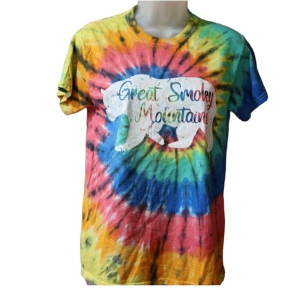 Gildan Great Smokey Mountains Tie Dye Rainbow Colorful Tshirt Small